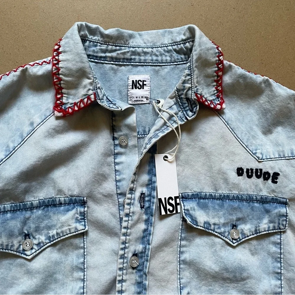 NWT NSF Suz Embroidered button Down Long Sleeve Denim Shirt in Formosa​